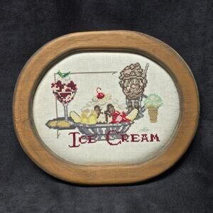 Vintage Hand Made Cross Stitch Ice Cream Inside a Wooden Hangable Frame